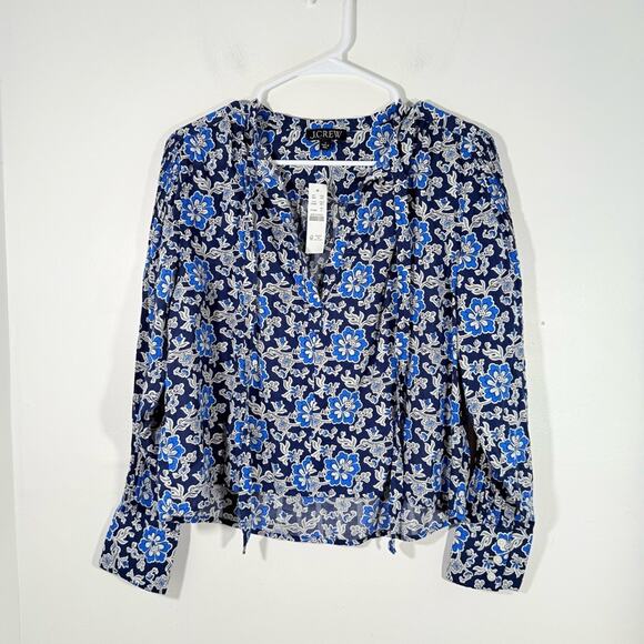 NWT J. Crew Blue V-Neck Tie Top in Floral Cotton-Blend Dobby Small CA589 New - Picture 2 of 16